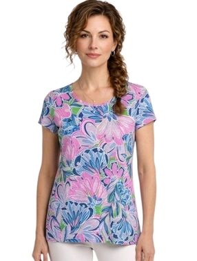 Lilly Pulitzer Etta Blue & Pink Floral Print Scoop Neck Tee Size XS